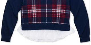 Tommy Hilfiger Big Girl's Cotton Plaid Peplum Sweater Blue Size 12-14