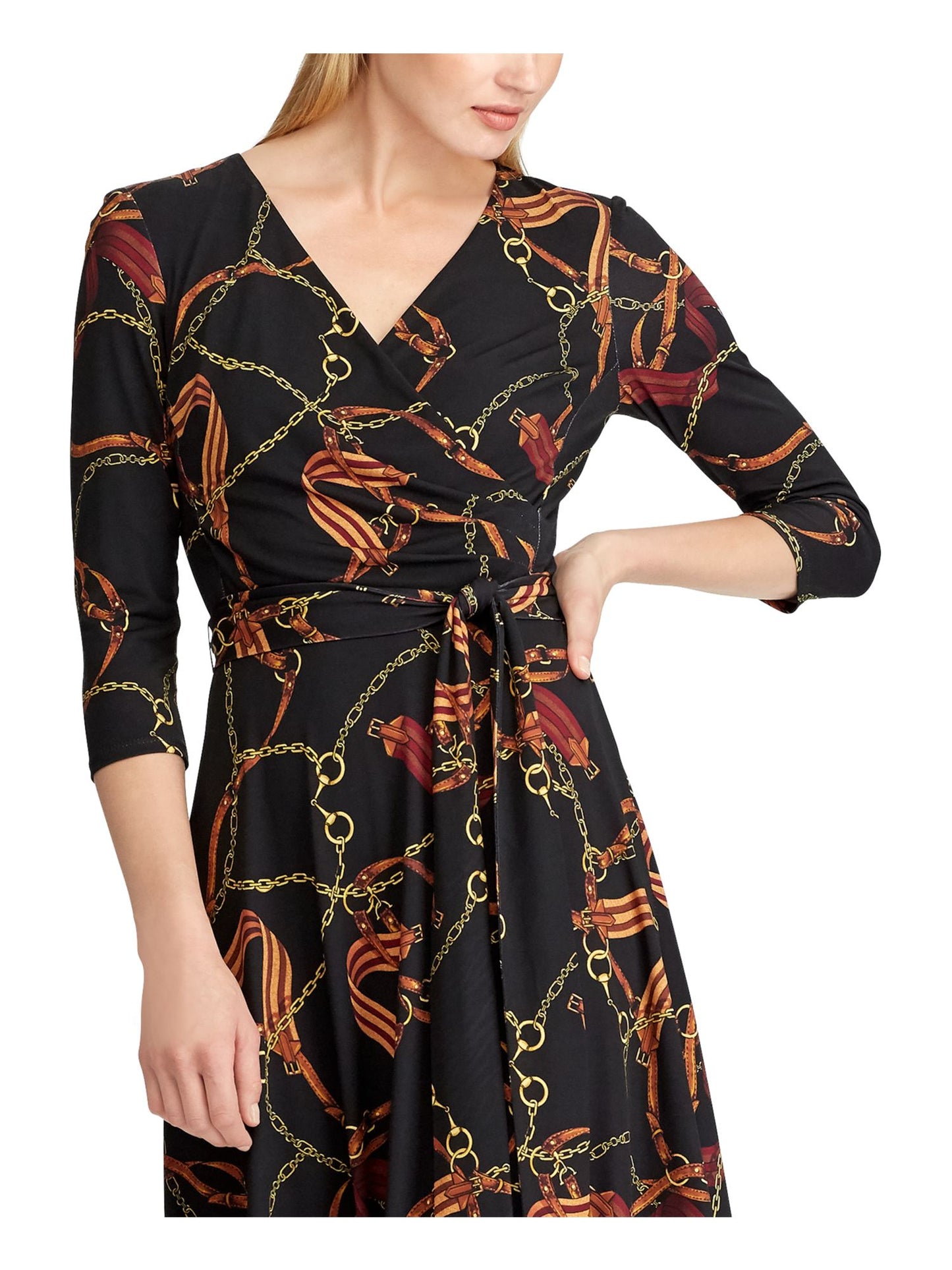 Ralph Lauren Women's Printed Jersey Faux Wrap Dress Black Size 0
