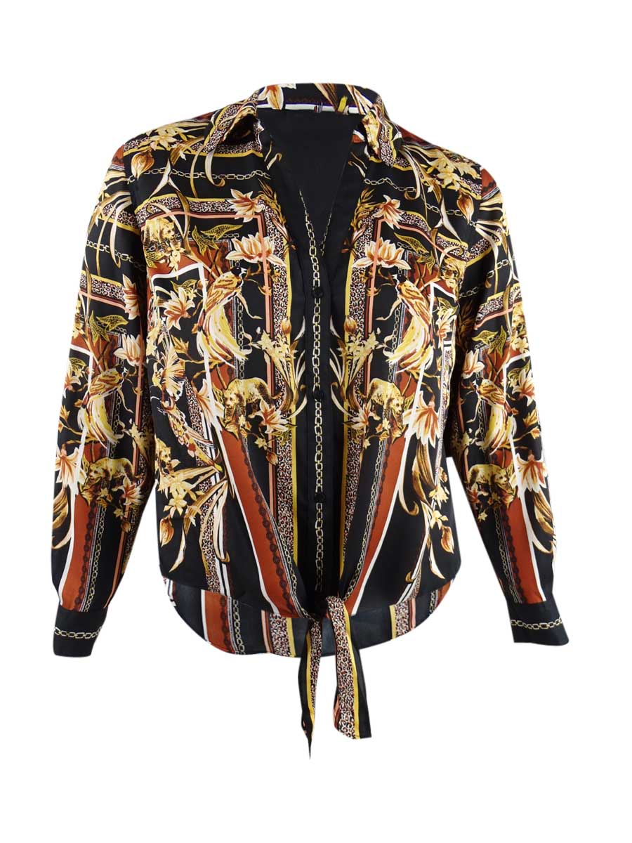 INC Women's Plus Size Printed Tie-Front Blouse Black Size 0X