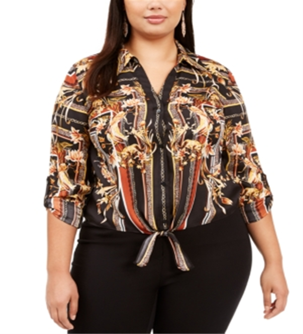 INC Women's Plus Size Printed Tie-Front Blouse Black Size 0X