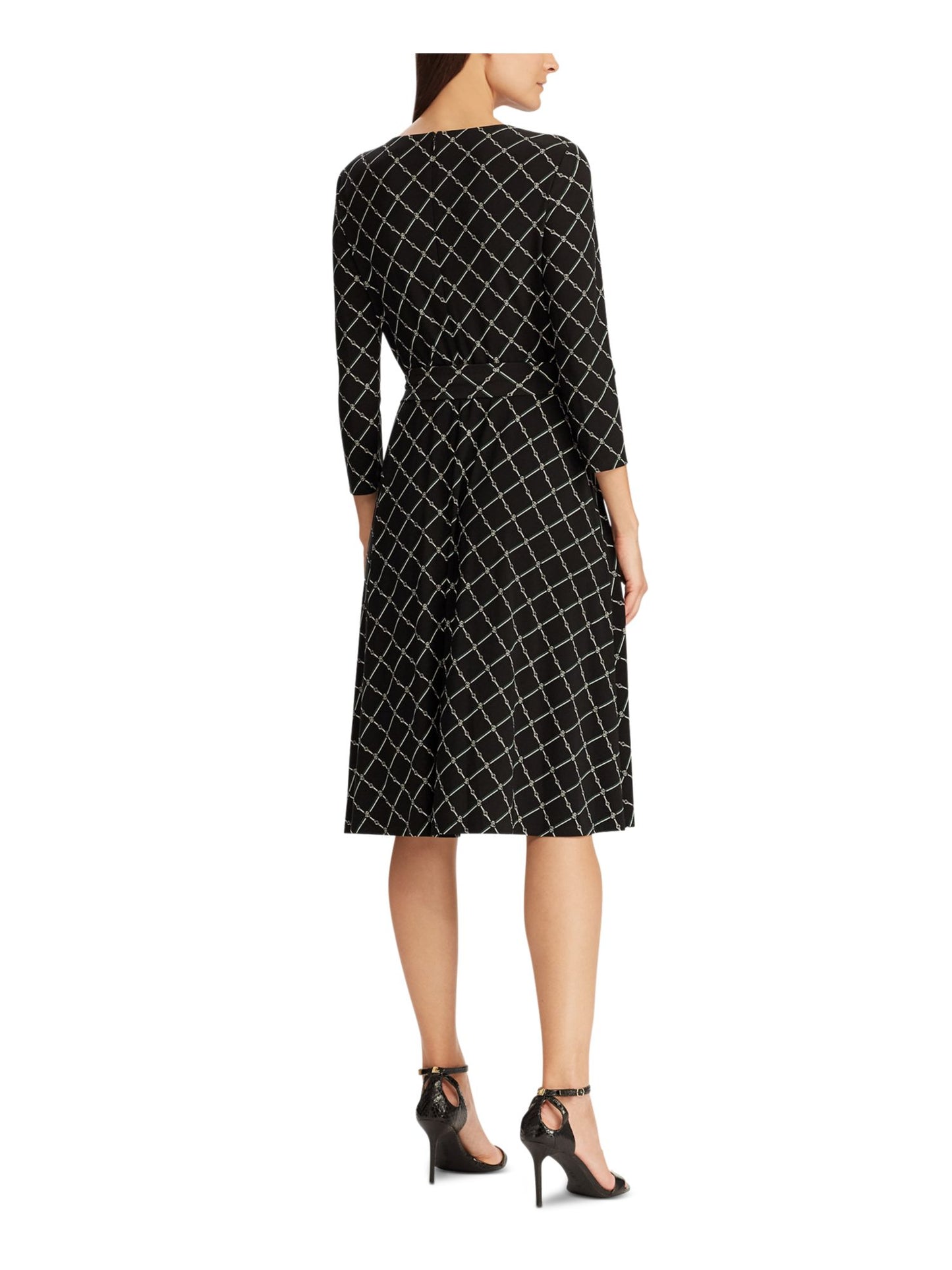 RALPH LAUREN Women's 3/4 Sleeve Keyhole Knee Length Fit + Flare  Black Size 2 P