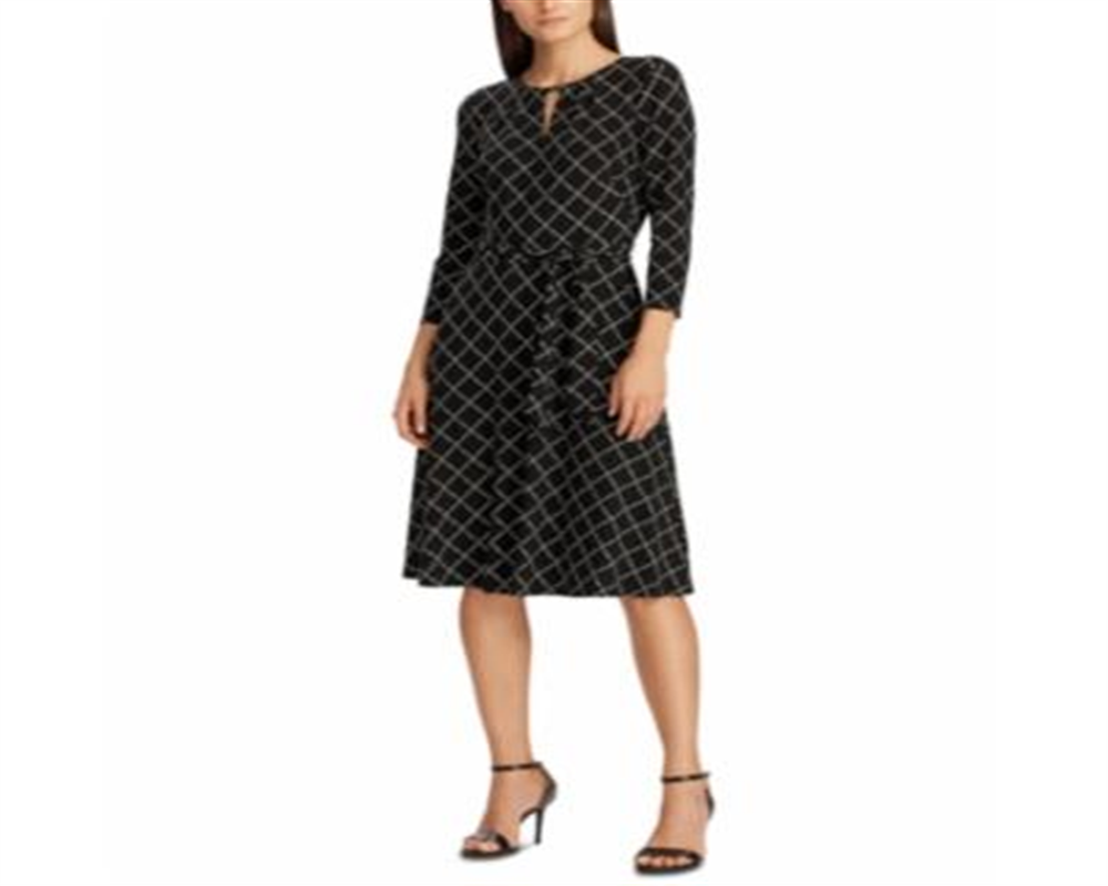 RALPH LAUREN Women's 3/4 Sleeve Keyhole Knee Length Fit + Flare  Black Size 2 P