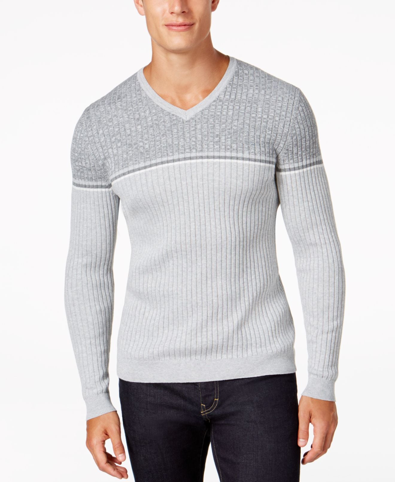 Alfani Men's Texture Stripe V-Neck Sweate Casual Grey Heather Size Small