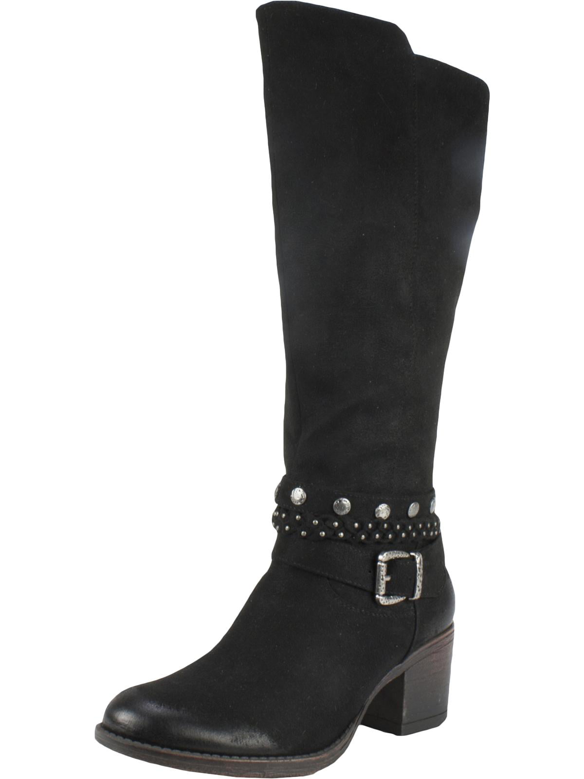 White Mountain Women's Stretch Gore Woven Straps Studded Western Inspired Cushioned Strappy Paulina Round Toe Block Heel Zip up Boots Black Size 5 M