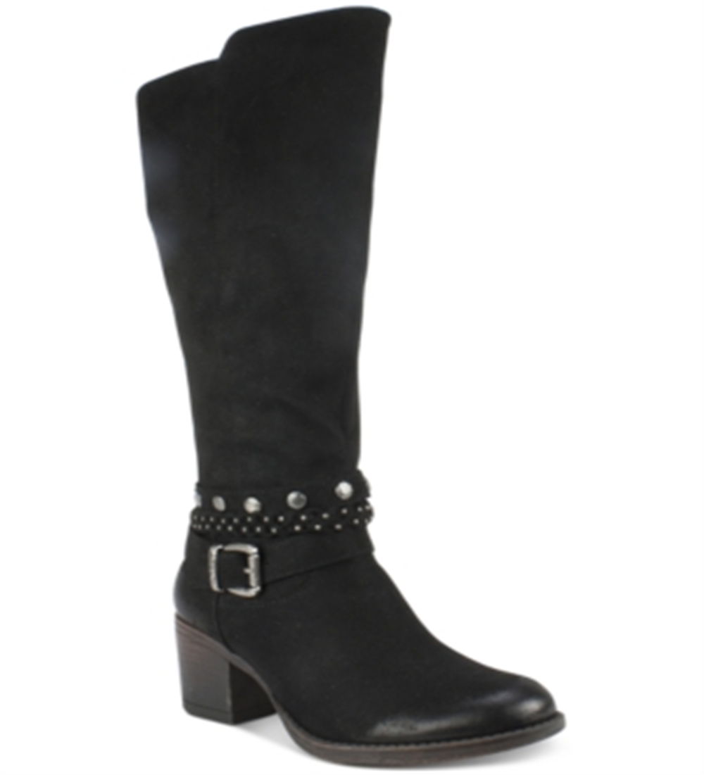 White Mountain Women's Stretch Gore Woven Straps Studded Western Inspired Cushioned Strappy Paulina Round Toe Block Heel Zip up Boots Black Size 5 M