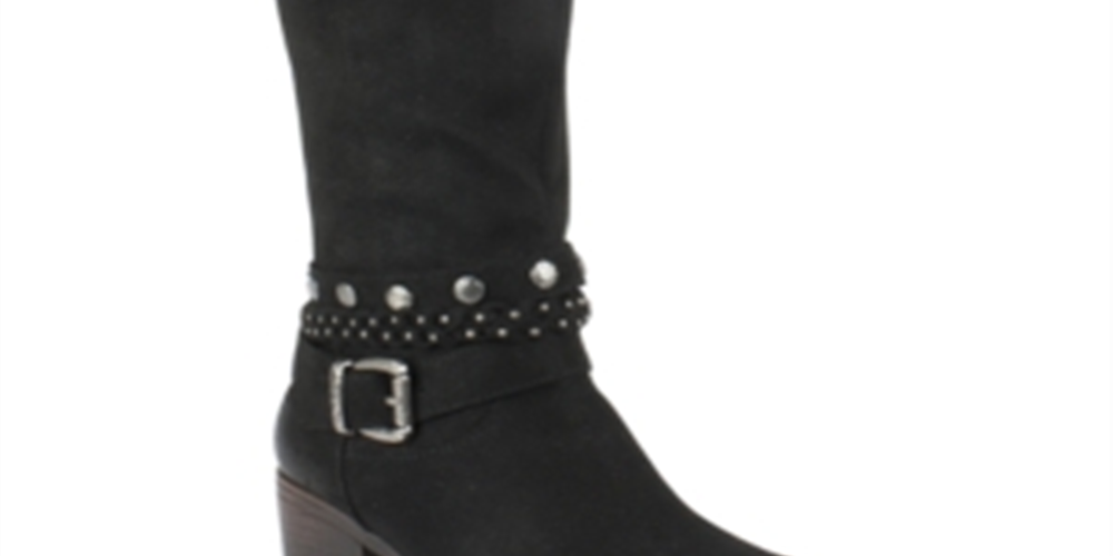 White Mountain Women's Stretch Gore Woven Straps Studded Western Inspired Cushioned Strappy Paulina Round Toe Block Heel Zip up Boots Black Size 5 M