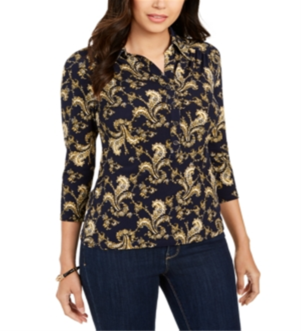 Charter Club Women's Printed 3/4 Sleeve Polo Top Blue Size XX-Large