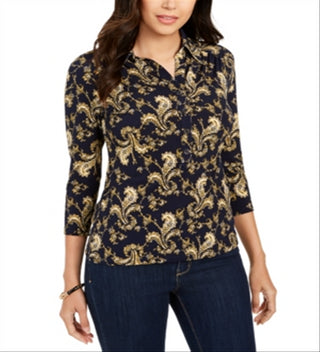 Charter Club Women's Printed 3/4 Sleeve Polo Top Blue Size XX-Large