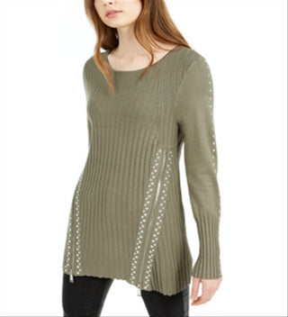 Bar III Women's Zippered Studded Sweater Green Size Medium