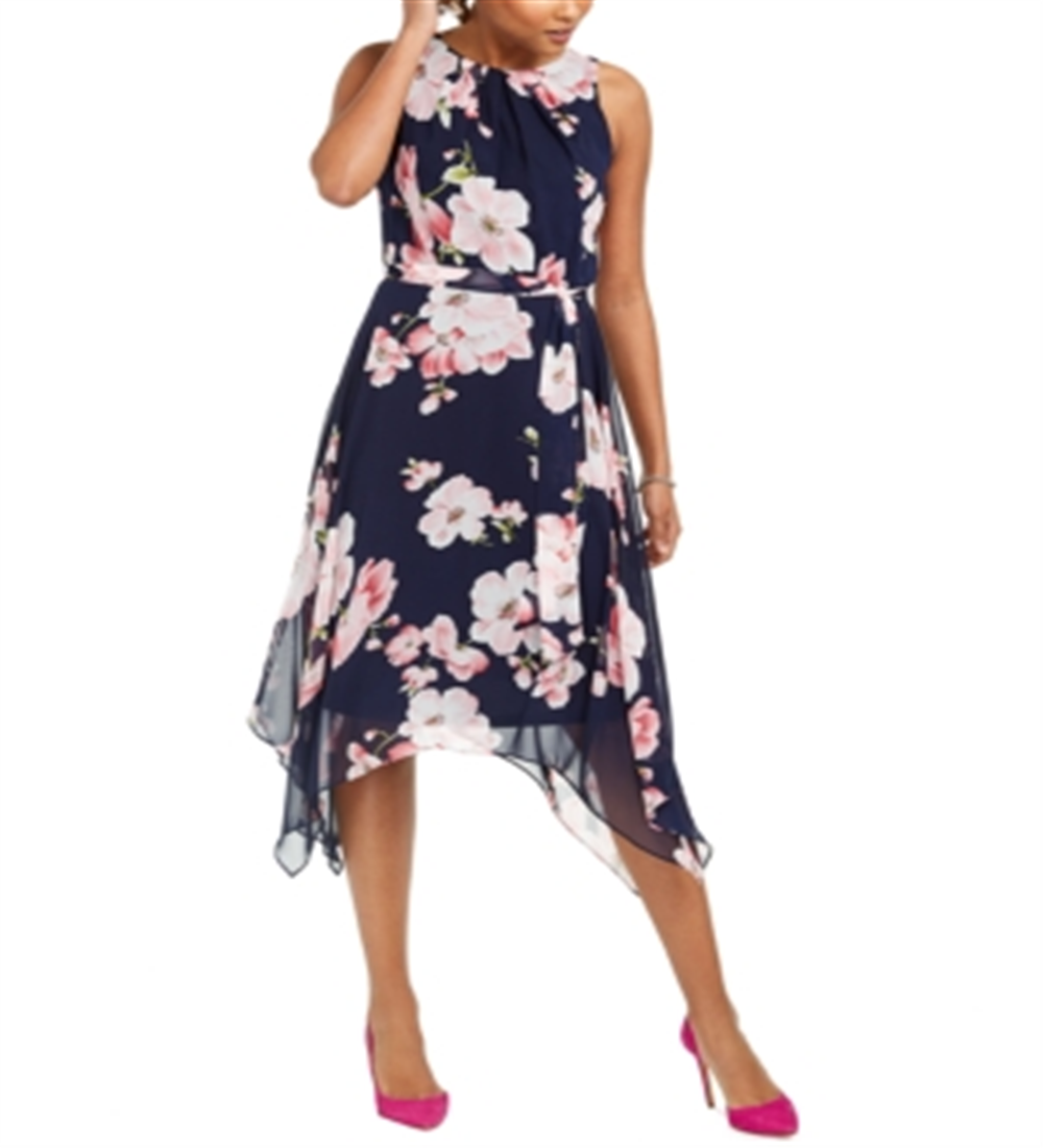 Jessica Howard Women's Floral Print MIDI Dress Blue Size 4 Petite