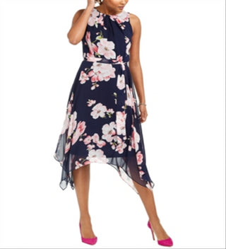 Jessica Howard Women's Floral Print MIDI Dress Blue Size 4 Petite