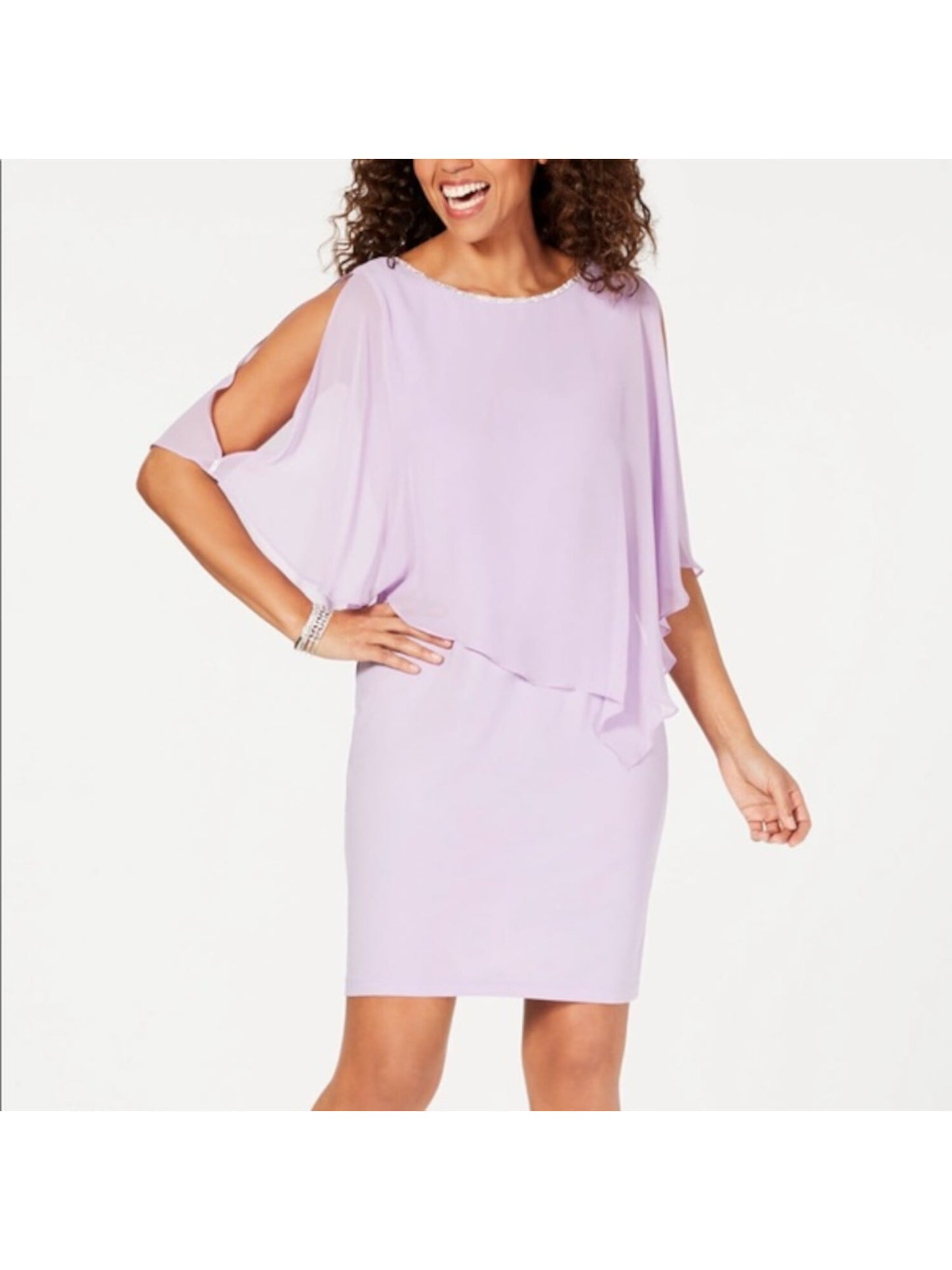 MSK Women's Slit Sleeves Short Sleeve Boat Neck Mini Party Shift Dress Purple Size Small