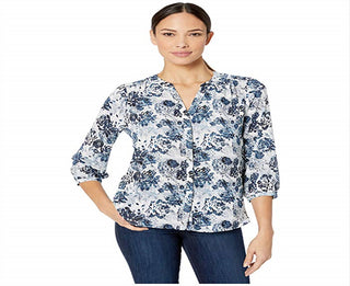 NYDJ Women's Pintuck Blouse in Bay Blues Garden Size: XS