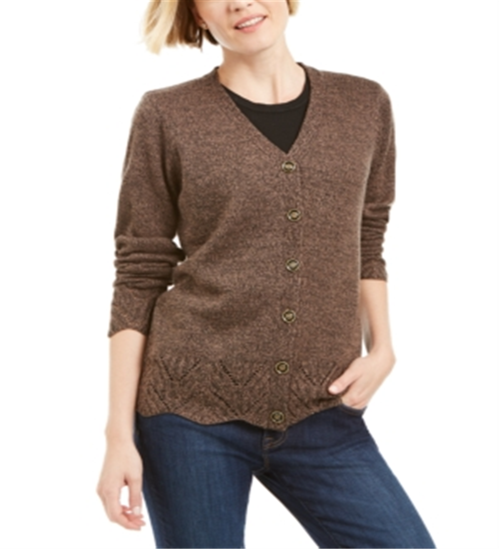 Karen Scott Women's Scalloped Hem Button Cardigan BrownSize X-Small