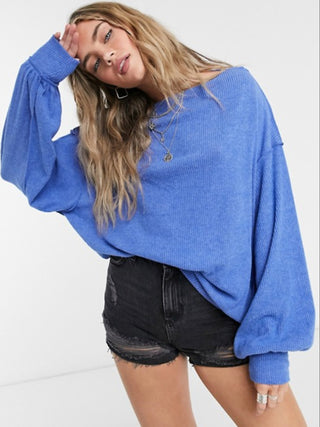 Free People Women's  Heather Long Sleeve Crew Neck Top Blue Size Small