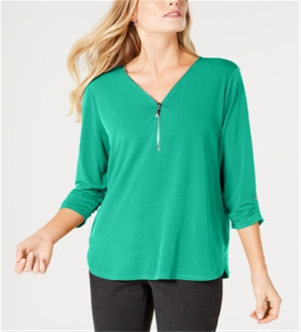 JM Collection Women's Zipper Trim Top Green Size Petite S