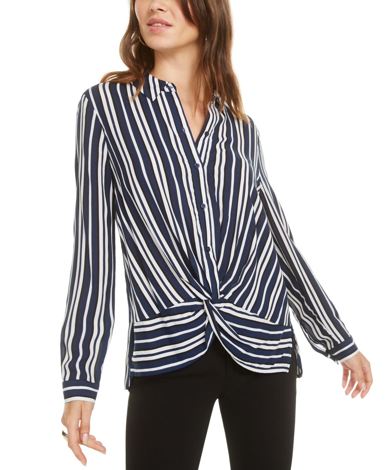 Bar III Women's Stripe Twisted Front Button up Shirt Blue Size Small