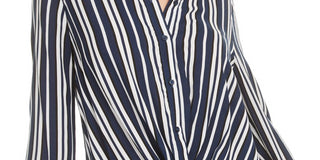 Bar III Women's Stripe Twisted Front Button up Shirt Blue Size Small