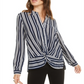 Bar III Women's Stripe Twisted Front Button up Shirt Blue Size Small