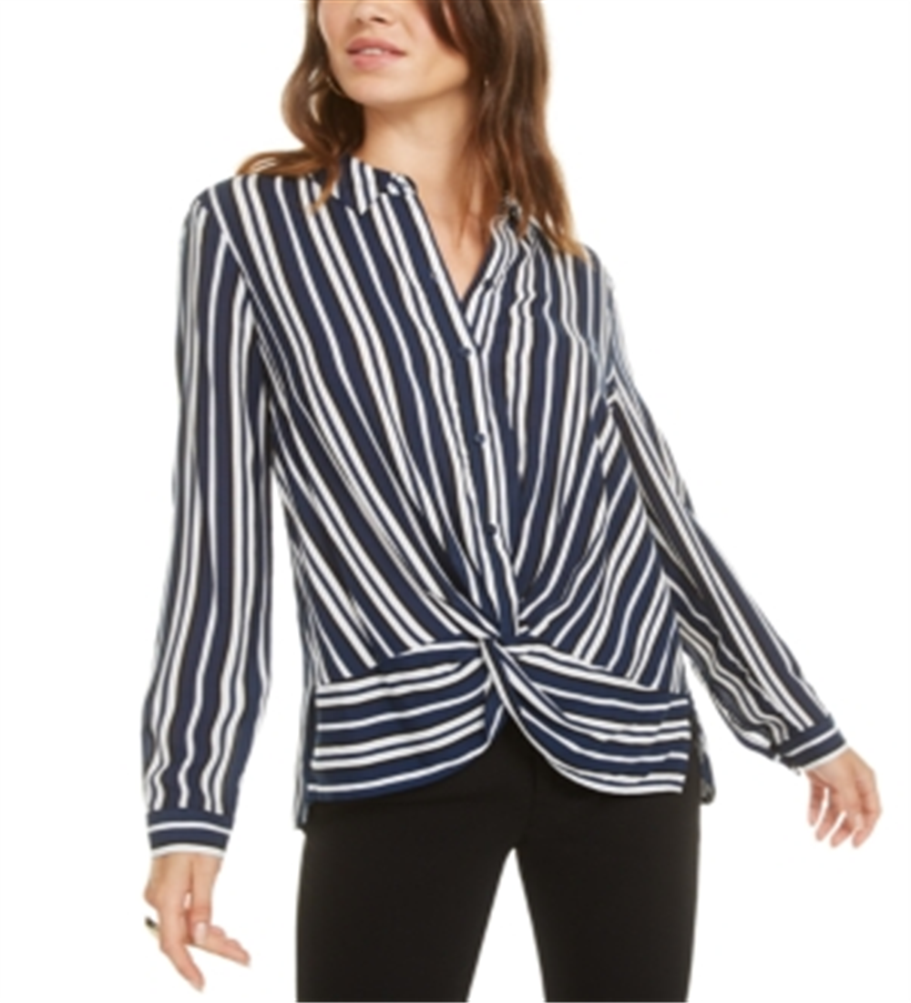 Bar III Women's Stripe Twisted Front Button up Shirt Blue Size Small