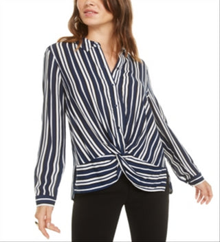 Bar III Women's Stripe Twisted Front Button up Shirt Blue Size Small