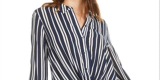 Bar III Women's Stripe Twisted Front Button up Shirt Blue Size Small
