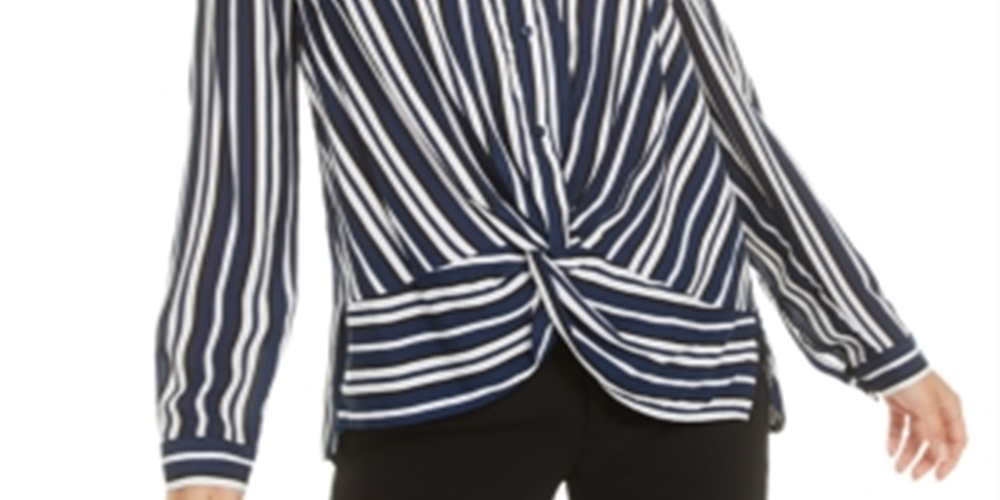 Bar III Women's Stripe Twisted Front Button up Shirt Blue Size Small