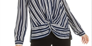 Bar III Women's Stripe Twisted Front Button up Shirt Blue Size Small