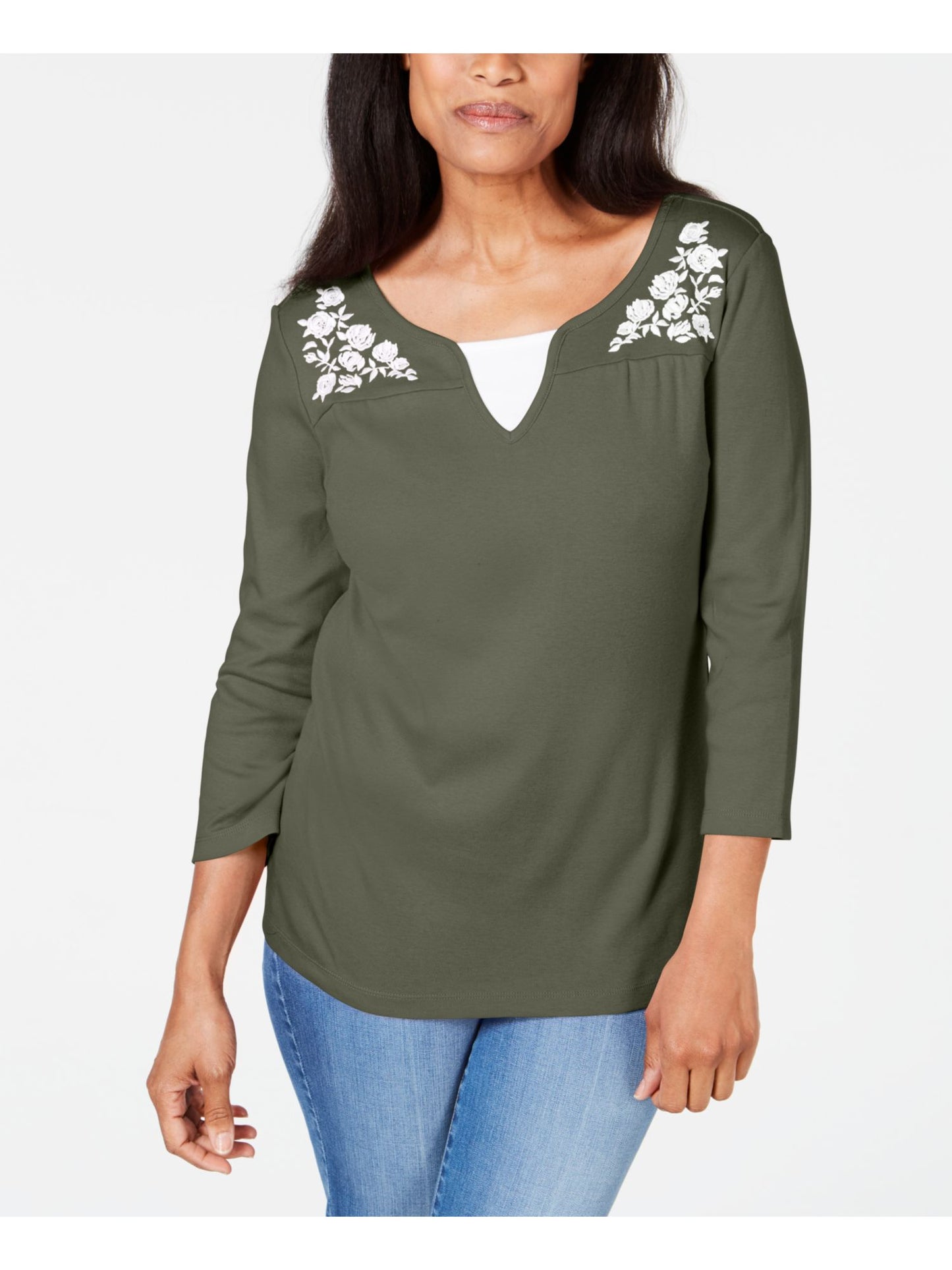 Karen Scott Women's Printed 3/4 Sleeve Jewel Neck T-Shirt Evening Top Green Size Petite Large