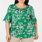 Charter Club Women's Printed Keyhole Top Green Size 0X