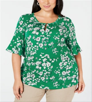 Charter Club Women's Printed Keyhole Top Green Size 0X