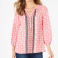 Charter Club Women's Printed Cuffed Crew Neck Button up Top Pink Size Medium