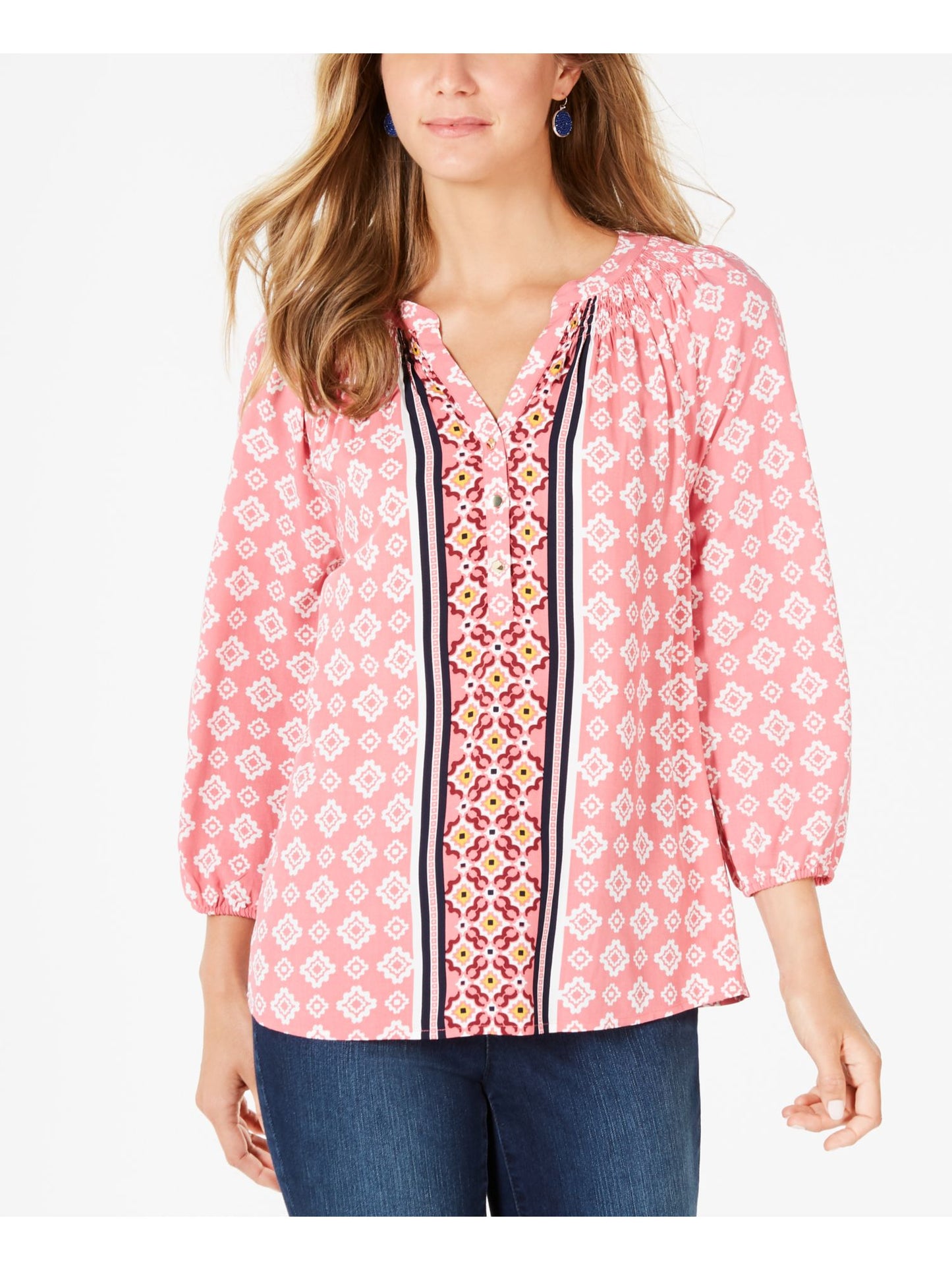 Charter Club Women's Printed Cuffed Crew Neck Button up Top Pink Size Medium