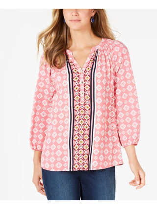 Charter Club Women's Printed Cuffed Crew Neck Button up Top Pink Size Medium