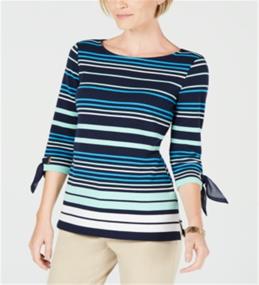 Charter Club Women's Striped Tie Sleeve Top Blue Size XX-Large