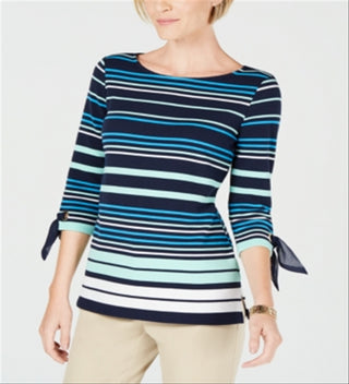 Charter Club Women's Striped Tie Sleeve Top Blue Size XX-Large
