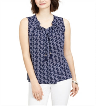Charter Club Women's Printed Drawstring Neck Top Blue Size XX-Large