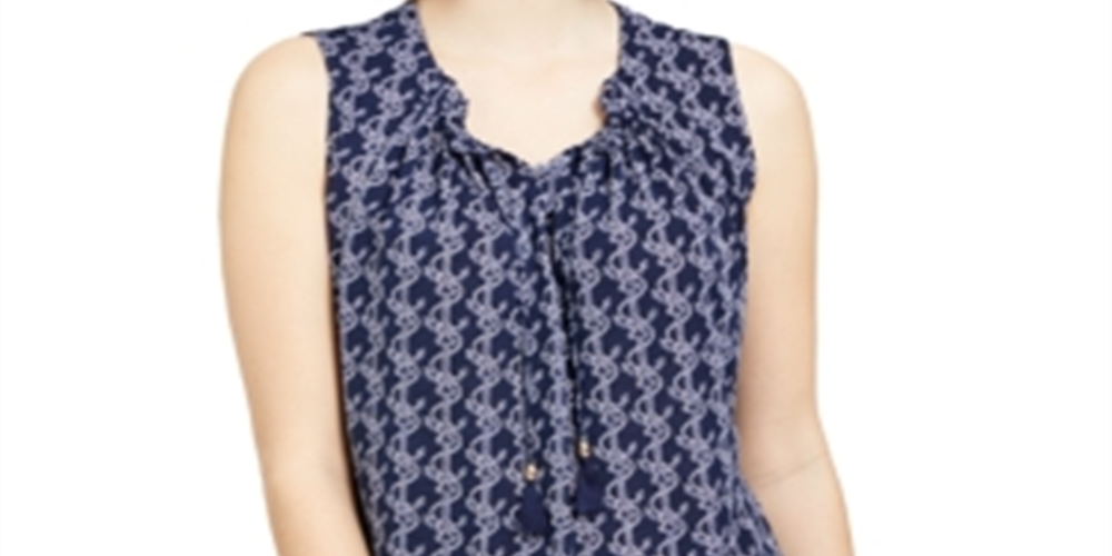 Charter Club Women's Printed Drawstring Neck Top Blue Size XX-Large