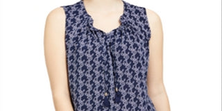 Charter Club Women's Printed Drawstring Neck Top Blue Size XX-Large