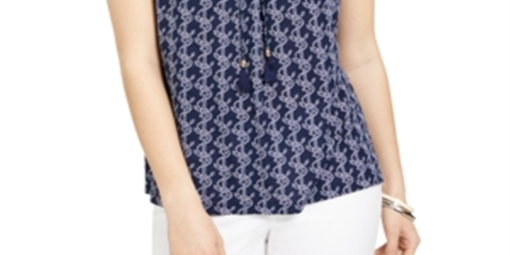 Charter Club Women's Printed Drawstring Neck Top Blue Size XX-Large