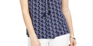 Charter Club Women's Printed Drawstring Neck Top Blue Size XX-Large