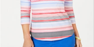 Charter Club Women's Pima Cotton Button Shoulder Stripe Top Pink Size X-Large