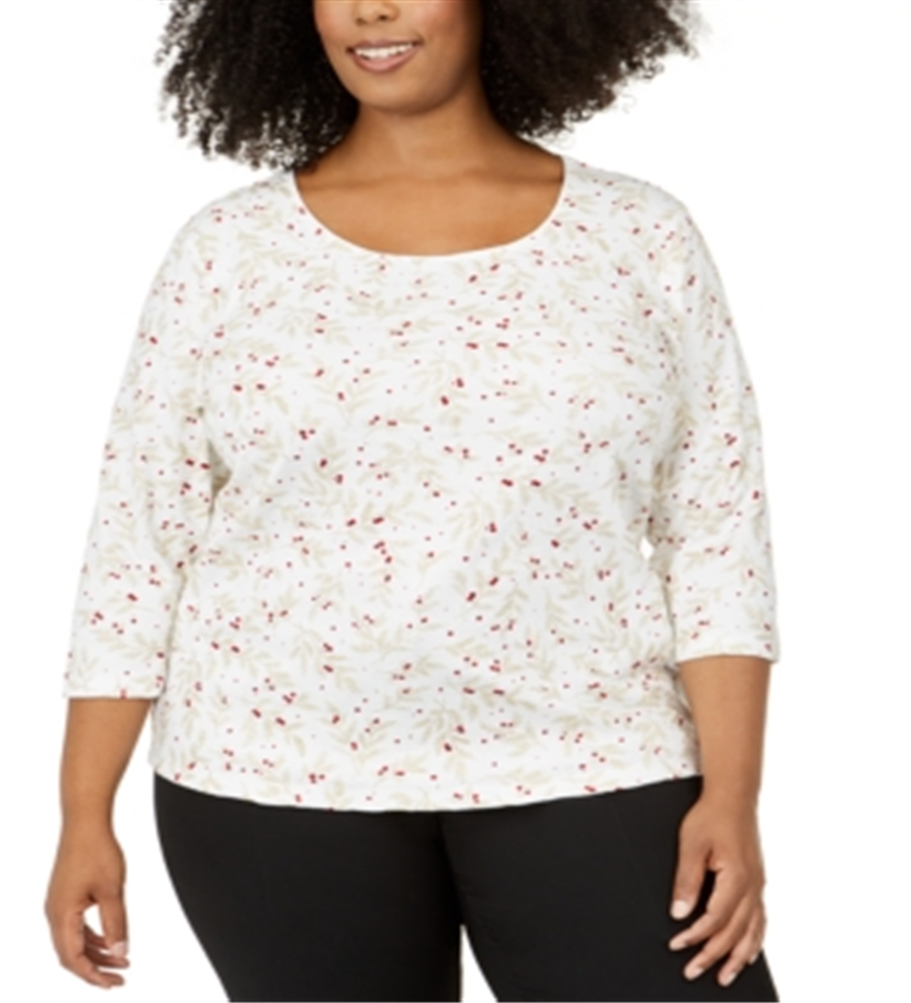 Karen Scott Women's Plus Wheat Fields Top White Size 0X