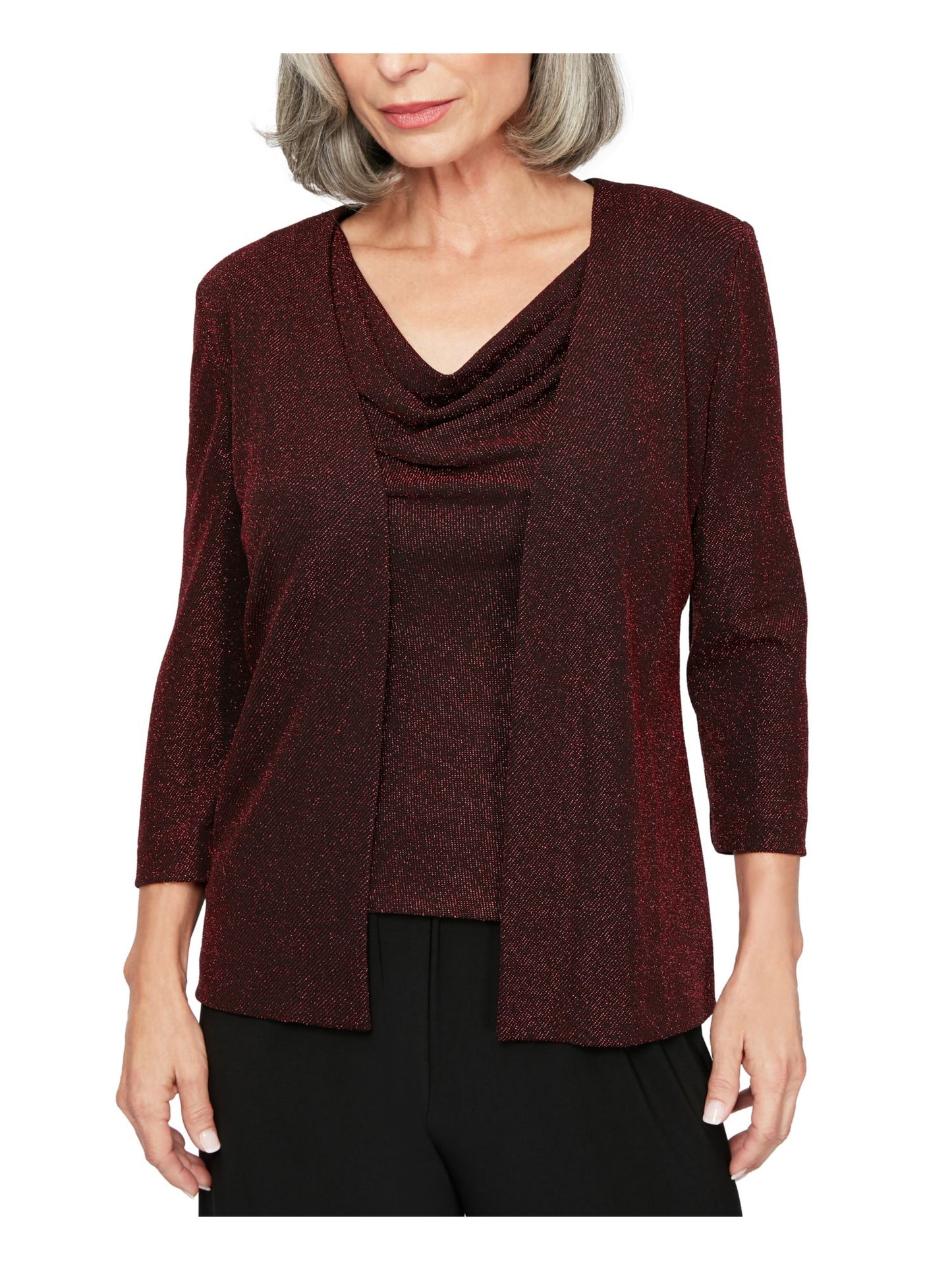Alex Evenings Women's Glitter Long Sleeve Open Cardigan Wear to Work Top Red Size Petite X-Large
