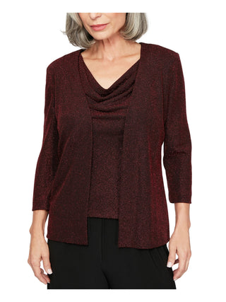 Alex Evenings Women's Glitter Long Sleeve Open Cardigan Wear to Work Top Red Size Petite X-Large