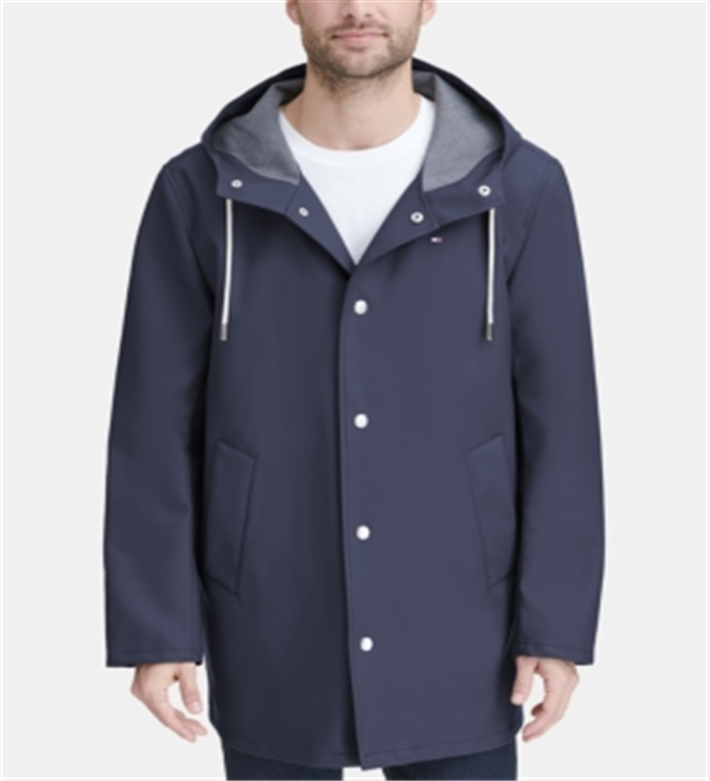 Tommy Hilfiger Men's Rubberized Pu Midlength Hooded Blue Size Medium