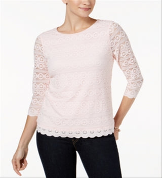 Charter Club Women's Lace 3/4 Sleeve Top Pink Size Petite S