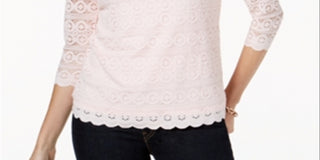Charter Club Women's Lace 3/4 Sleeve Top Pink Size Petite S