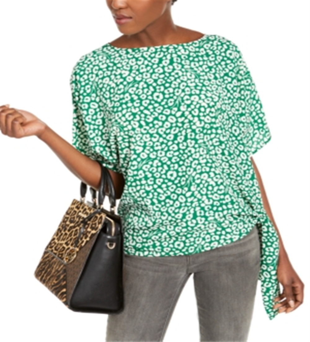 Michael Kors Women's Leopard Print Side Tie Top Green Size 2XL