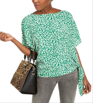 Michael Kors Women's Leopard Print Side Tie Top Green Size 2XL